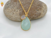 Aqua Chalcedony 16x23mm, Pink Chalcedony 8mm Beautiful Pear Faceted Micron Gold Plated 925 Sterling Silver Necklace, Christmas Gift Necklace